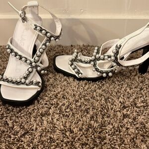 Karl Lagerfeld White Pearl-Trim Strappy Heels